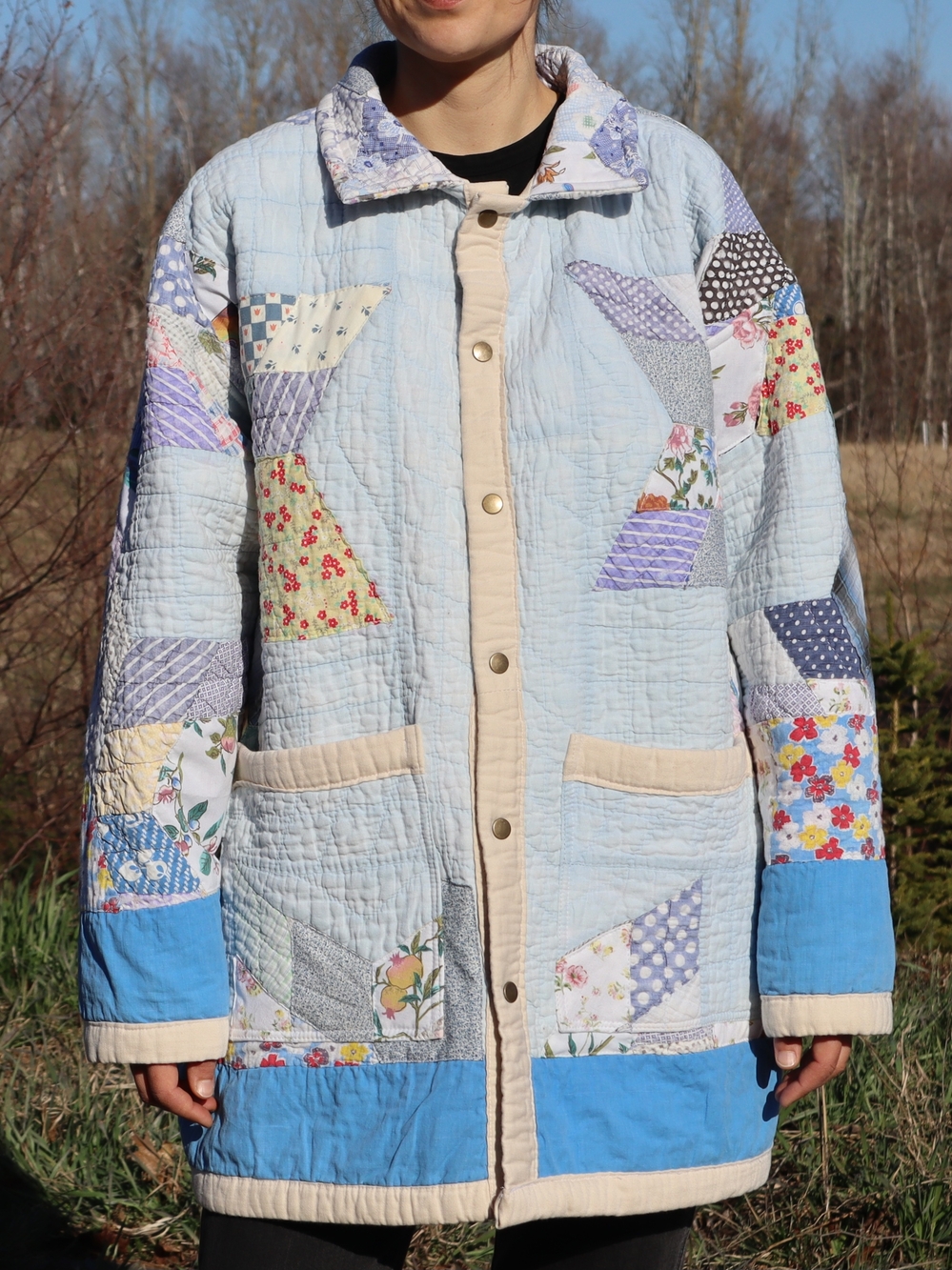 Upcycled Patchwork Quilt Coat Vintage Blanket Light Blue L • XL - Picture 7 of 12
